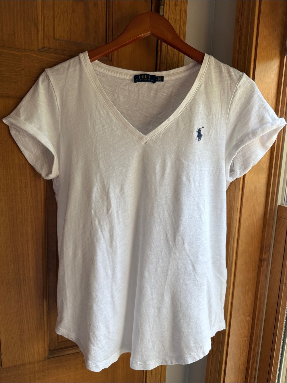 Classic Polo Ralph Lauren Women's White V-Neck Tee with Navy Blue Pony Size M